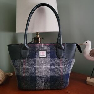 Harris Tweed Blue Gray Check Tartan Plaid Wool Tote Bag